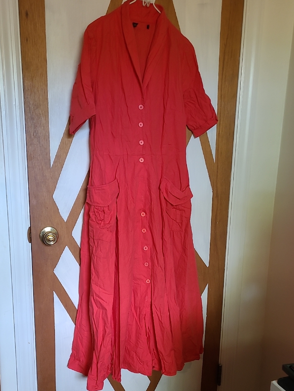 eshakti Vibrant Coral-Red Maxi Button-Front Dress with Patch Pockets